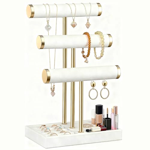 Nzkeuf Jewellery Stand, 3 Tier Bracelet Holder Display with Tray, Detachable T Bar White Velvet Necklace Oragnizer, Jewellery Holder for Bracelet, Necklace, Watches, Rings, Earrings