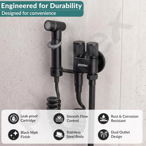Image of Plantex Jet Spray for Toilet /Health Faucet with Shower Hose /ABS Handheld Bidet Spray /2-in-1 Dual Control Valve /Bathroom & Kitchen - Black