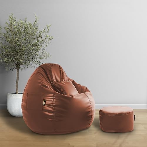 Image of Seventh Heaven 4XL Bean Bag Cover with Footrest and Cushion | Premium Scratch Resistant Leatherette | Tear Drop Bean Bag Sofa | Tan Leatherette Fabric
