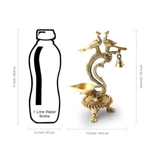 Image of ExclusiveLane 'Peacock Pair' Brass Oil Diya for Pooja Room With Gem Work (100% Pure Brass, 1 Wick, 20 ml, 1.3 Kg)|Brass Diyas for Pooja Diyas for House Warming Table Diya Diwali Return Gifts for Pooja