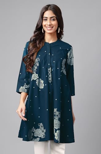Image of Janasya Women's Pure Cotton Floral Printed Flared Tunic
