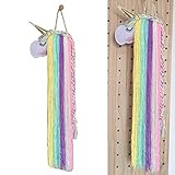 Diseño de unicornio arcoíris: cuerno dorado brillante con cara de fieltro, pestañas negras y colorete rosa hacen que el unicornio sea tan tímido y lindo, las borlas de hilo de color rosa y blanco hacen que el soporte del lazo sea brillante y llamativo.
