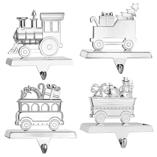Klikel Stocking Holder Set of 4 - Christmas Train Stocking Hanger for Mantel - Shiny Silver Metal Christmas Stocking Holder for Fireplace Mantle - Heavy Stocking Holder for Mantle with Hook