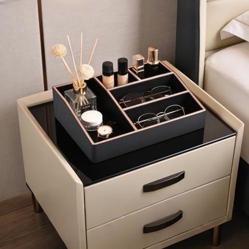Image of PU Leather Makeup Organizer Tray,Large Vanity Organizer,Cosmetic Storage Box for Lipstick Brushes Skincare Perfume,Cosmetic Display Case Rose Gold-trimmed for Dresser,Bathroom Countertop(Black)