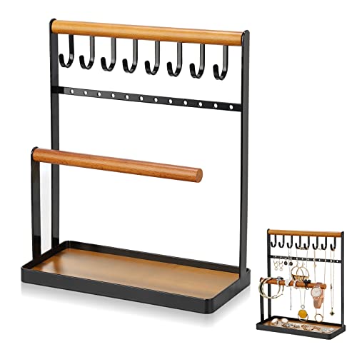 Présentoir à bijoux à 4 étages - 8 crochets - En bois - 12 trous pour boucles d'oreilles - Pour ranger colliers, bracelets, bagues et montres Cover