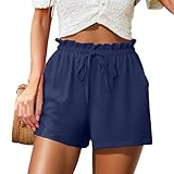 FREEOAK Womens Linen Summer Shorts Adjustable Tie Waist Cute Lightweight High Waisted Vacation Comfy Outfits Dark Blue Size Large