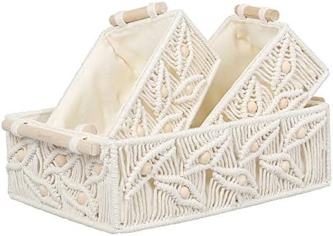 ANMINY Macrame Storage Baskets Set 3PCS Handmade Cotton Woven Decorative Boho Desk Storage Bins Boxes with Wood Handles Wooden Beads Nursery Baby Kid Towel Paper Large Small Shelf Organizer Container