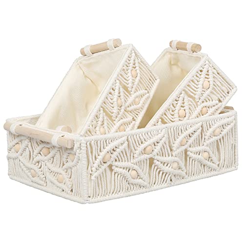 Anminy Macrame Storage Baskets Set 3Pcs Handmade Cotton Woven Decorative Boho Desk Storage Bins Boxes With Wood Handles Wooden Beads Nursery Baby Kid Towel Paper Large Small Shelf Organizer Container #TOP10