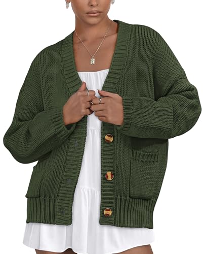 PRETTYGARDEN Women's 2025 Fall Cardigan Sweaters Long Sleeve Open Front Button Up V Neck Knit Winter Fashion Clothes (Army Green,X-Large)