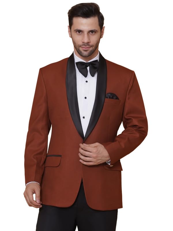 Image of FAVOROSKI Tuxedo Blazer for Men with 2 Pockets | Rayon Slim Fit Blazers | Ethnic Wear Tuxedos | One Button Solid Tuxedo Blazers in Shawl Collar | Blazer for Wedding, Festive, Formal