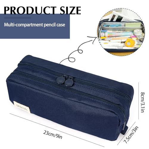 Image of Pencil Case Large Capacity Pencil Pouch Pen Bag with Extendable Big Compartment, Double Zipper Pencil Pouch School Office Stationery Organizer Bag for Girls Boys Teen Adults Men Women (Navy Blue)