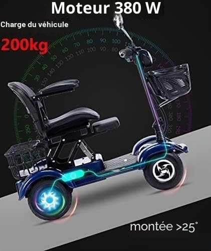SKORDO Scooter de mobilité électrique 4 roues pliable 2 places 380 W pour personnes âgées et adultes, capacité de 200 kg, 48 V, 20 Ah, portable et pliable, éclairage LED complet