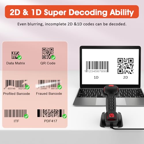 Symcode MJ-1911-RED 2D Industrial Barcode Scanner With Stand 433 Wireless 1968 Feet Transmission Distance Usb Qr Automatic Barcode Reader Handhold Hands-Free Bar Code Scanner thumb #1