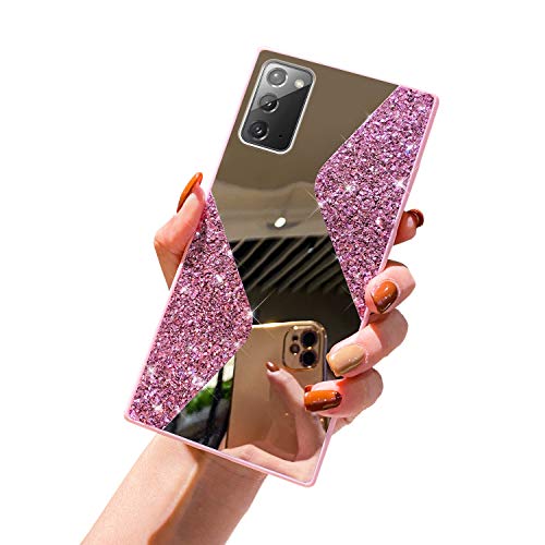 URFEDA Compatible avec Samsung Galaxy Note 20 Coque en Silicone de Miroir Glitter Paillette Brillant Strass Bling Etui Souple TPU Gel Case Anti-Rayures Antichoc Bumper Coque Housse de Protection,Rose Cover