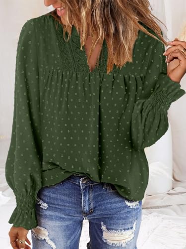 BETTE BOUTIK Women Boho Long Sleeve Shirts Dressy Casual V Neck Fall Fashion Tops Swiss Dot Flowy Blouses