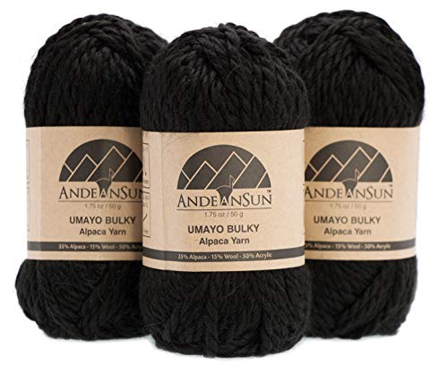 (3 Small Gorgeous Skeins) Alpaca Yarn Blend Umayo [165 Yards Total] Black, #5 Bulky