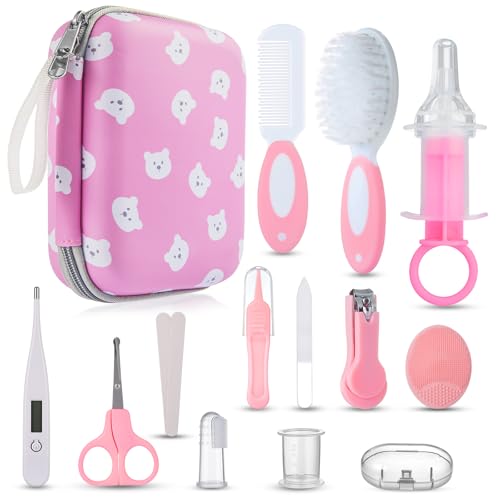 Lictin Set per la Cura del Bambino - 15 Pezzi Beauty BabyCare con cucchiaio per le orecchie con spazzola e pettine a LED, tagliaunghie e spazzolino da denti per i viaggi e l'uso quotidiano (Rosa)