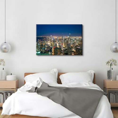 Image of Large City Skyline Wall Art for Office Chicago Wall Decor USA Downtown City Picture Modern Cityscape Painting Canvas Prints Night City Aerial View Poster Panorama Artwork for Bedroom Home Decorations 32x48 inch