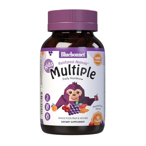 Bluebonnet Nutrition Rainforest Animalz Whole Food Based Multiple Chewable Tablets, Kids Multivitamin & Mineral, Vitamin C, D3, Iron, Gluten Free, Milk Free, Kosher, 90 Chewable Tablets, Mixed Flavors