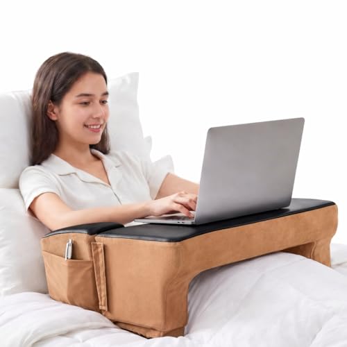 Image of Amazon Basics Foam Lapdesk Pillow for Laptop, Ergonomic Laptop Table Pillow for Bed, Sofa & Floor, Adjustable Height & Side Pocket, Portable Lap Desk for Work from Home, Study & Travel - Beige