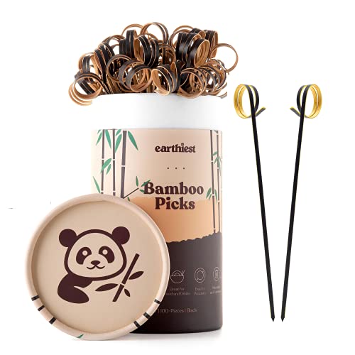 Bamboo Loop Cocktail Picks for Appetizers – 6 inch Black Bamboo Skewers (100 Pack) – Bamboo Food Picks – Party Toothpicks for Appetizers Fruits and Cocktail Drinks