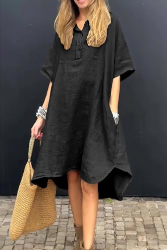 Image of chouyatou Women's Summer Casual Linen Beach Tunic Dress Loose High Low Midi Long Polo T Shirt Dress