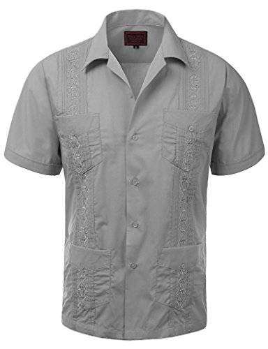 vkwear Guayabera Men's Cuban Beach Wedding Short Sleeve Button-up Casual Dress Shirt (2X-Large, Gray)