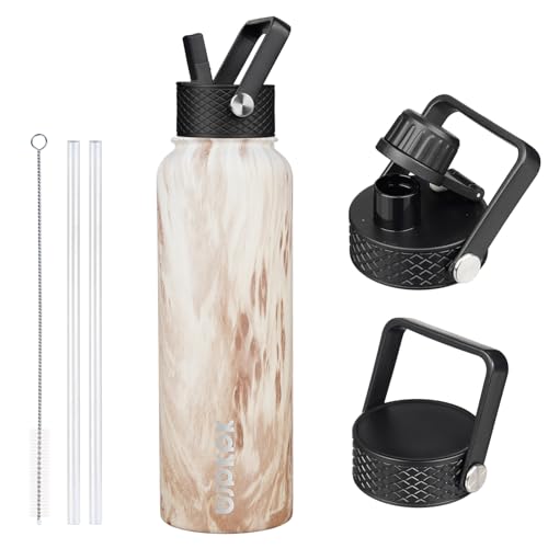Image of BJPKPK Insulated Water Bottles with Straw Lid, 40oz Stainless Steel Water Bottles with 3 Lids, BPA Free Leakproof Thermo, Tumblers, Cups for Sports-Wood Yellow Gray
