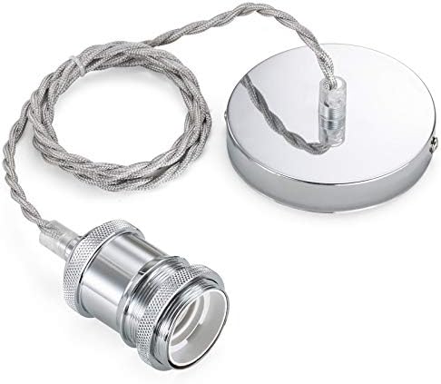 Licperron Vintage Pendant Light Fitting Kit, Chrome Braided Flex Ceiling Pendant Lamp, E27 Light Pendant Fitting Kit-Chrome. 1pack
