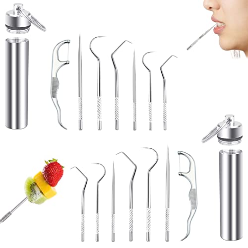 Mon3trYYDS Edelstahl Zahnstocher Set(2 Sets) Tragbare Reise Zahnstocher Schlüsselanhänger Zahnstocher Wiederverwendbar Metall Zahnstocher Metall Zahnstocher mit Halter für Wandern, Campen und Reisen Cover