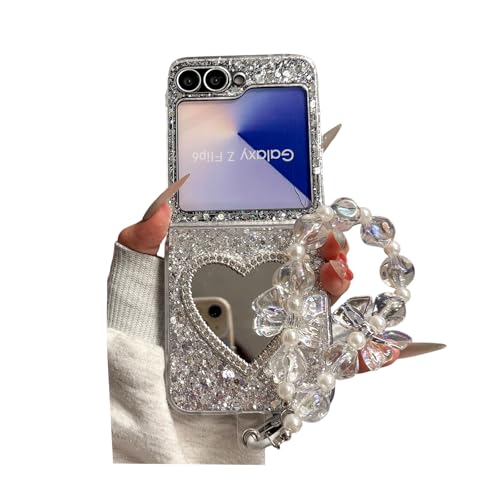 JLSDBMZ for Samsung Galaxy Z Flip 7 FE/Z Flip 6 Case Mirror,Exquisite Cute Silver Mirrors Design,Clear Shiny Sequin Phone Cover with Kawaii Bracelet for Woman Girls (Galaxy Z Flip 6)