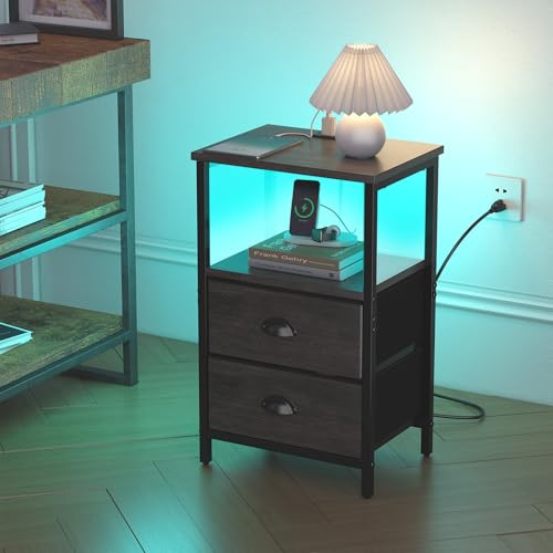 Image of sthmec Nightstand with Charging Station, LED Night Stand with 2 Fabric Drawers, Bedside Tables End Table with Drawers, 2-Tier Storage Side Table Nightstand with Drawers for Bedroom, Black Oak
