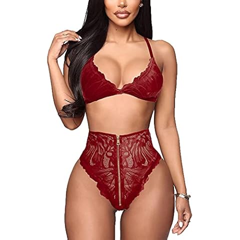 EVELIFE Conjunto de lencería sexy para mujer, sujetador y bragas de encaje con cremallera de cintura alta Cover