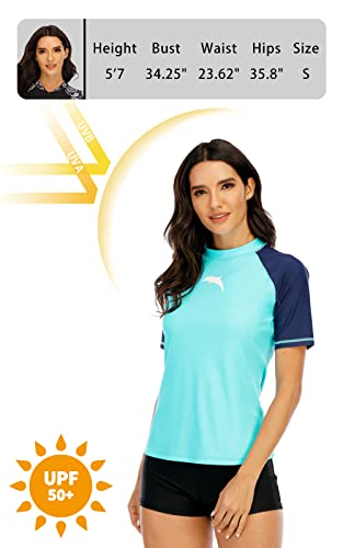 Halcurt Plus Women's Rashguard Shirts Short Sleeves Sun Protection Swimwear Top Light Blue M #TOP3
