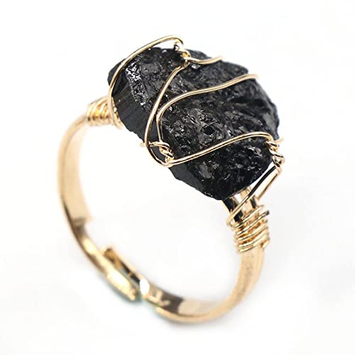 Bague tourmaline noire naturelle irrégulière cristal brut twining bague dorée réglable anneaux de pierre ouverte pour femmes reiki balance cheville bagues pour femmes fille hommes