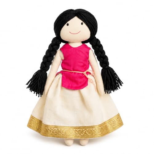 Image of Pink Kerala Girl Handcrafted Indian Rag Doll, Soft Cotton Fabric & Yarn Hair South Indian Cloth Doll, Traditional Handmade Doll for Kids, Home Decor & Gifting