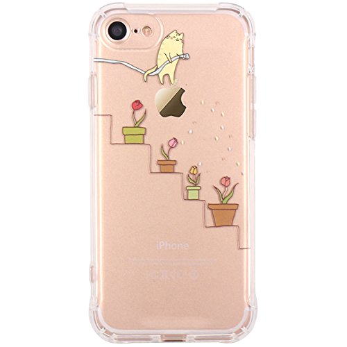 JAHOLAN iPhone 7 Case, iPhone 8 Case Amusing Whimsical Design Clear Bumper TPU Soft Case Rubber Silicone Cover for iPhone 7 iPhone 8 - Cat Watering Flowers