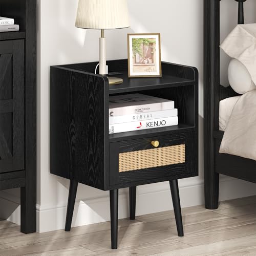 Image of MECHYIN Night Stand Set 2, Nightstands Set of 2 with Charging Station, Rattan Side Tables with Solid Wood Legs, Boho Bedside End Table for Apartment Bedroom Dorm Small Space