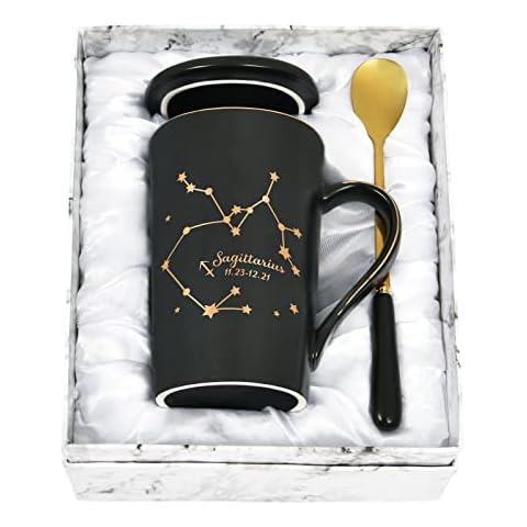 YHRJWN - Sagittarius Gifts, Sagittarius Mug, Sagittarius Gifts for Women Men, Sagittarius Zodiac Sign Star Birthday Gifts for Sagittarius 12 Horoscope Astrology Lovers, 14 Oz Black (Gift Box, Lid) Cover