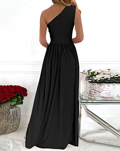 Btfbm Women's One Shoulder Cutout Sleeveless Maxi Dresses Side High Split Elegant Formal Prom Bodycon Party Cocktail Dress(Solid Black, Medium) #TOP3