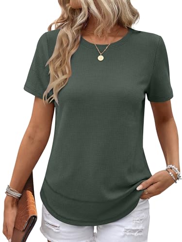 Image of ANRABESS Womens Waffle Knit Tops Short Sleeve Crewneck Shirts Curved Hem Summer Dressy Casual Blouses Spring Fashion Clothing