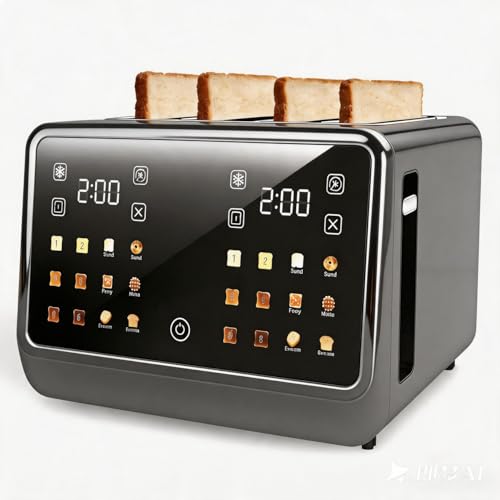 Image of 4 Slice Toaster Wide Slot- Dual Digital TouchScreen & Independent Control Panel | Single-Slot Tech Timer /Reheat /Defrost for Bagels Bread | 1800W Stainless Steel 6 Toast Types & Shade Settings