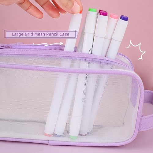 Image of Oyachic Mesh Pencil Case,Clear Grid Pen Bag,2 Compartment Pencil Pouch,Pen Case Organizer Zipper Transparent Makeup Bag for Business Travel Office