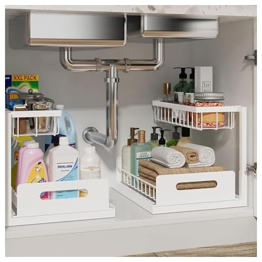 REALINN Under Sink Organizer, Pull Out Cabinet Organizer 2 Tier Slide Out Sink Shelf Cabinet Storage Shelves, Storage for Kitchen Bathroom, White, 2 Pack