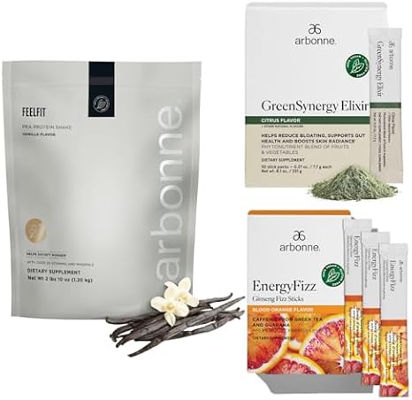 Arbonne Ginseng Energy Fizz (Blood Orange) with FeelFit Pea Protein (Vanilla) and Green Synergy Elixir Bundle. image 3