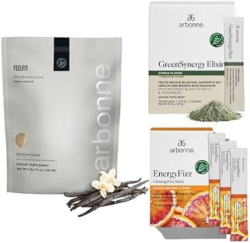 Arbonne Ginseng Energy Fizz Blood Orange with FeelFit Pea Protein Vanilla and Green Synergy Elixir Bundle.