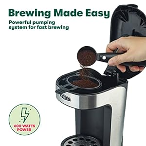 BELLA One Scoop One Cup Coffee Maker Single Serve Brewer with Adjustable Drip Tray and Permanent Filter Dishwasher Safe Stainless Steel and Black