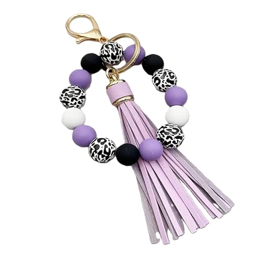 Black Leopard Print Wood Beads Bracelet Keychain Wristlet for Women, Cute Key Ring PU tassel Beaded Bangle Bracelets (Purple)