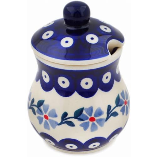 Authentic Polish Pottery Sugar Bowl 1 oz in Peacock Forget-Me-Not Design Handmade in Boles?awiec Poland + Certificate of Authenticity