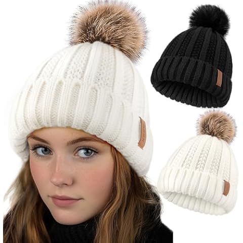 Sofier Winter Beanie for Women 2 Pack Winter Hats Soft Chunky Knit Hat with Pom Pom Warm Knitted Snow Cap for Ski (Black/White) Cover